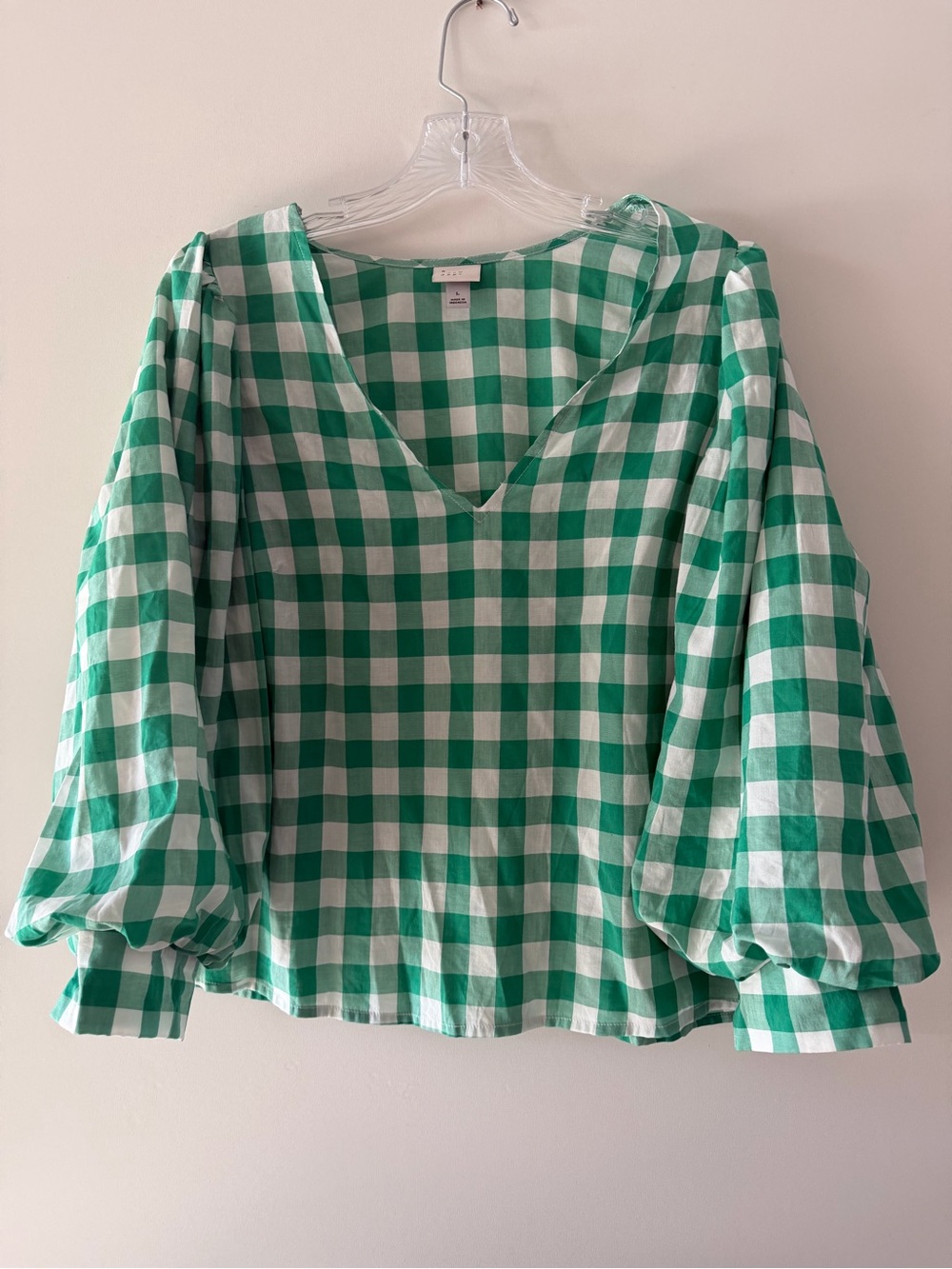a new day Green and White Gingham V-Neck Puff Sleeve Top